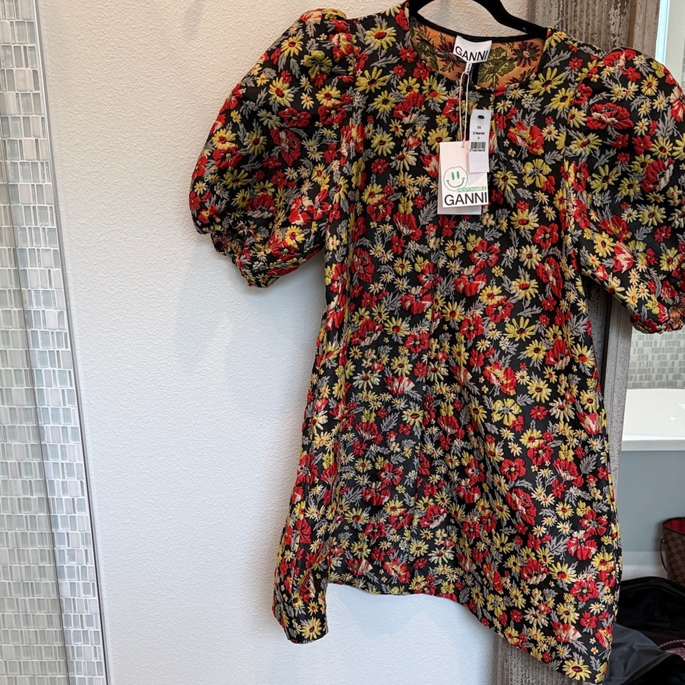 Ganni Black Floral Puff Sleeve Dress